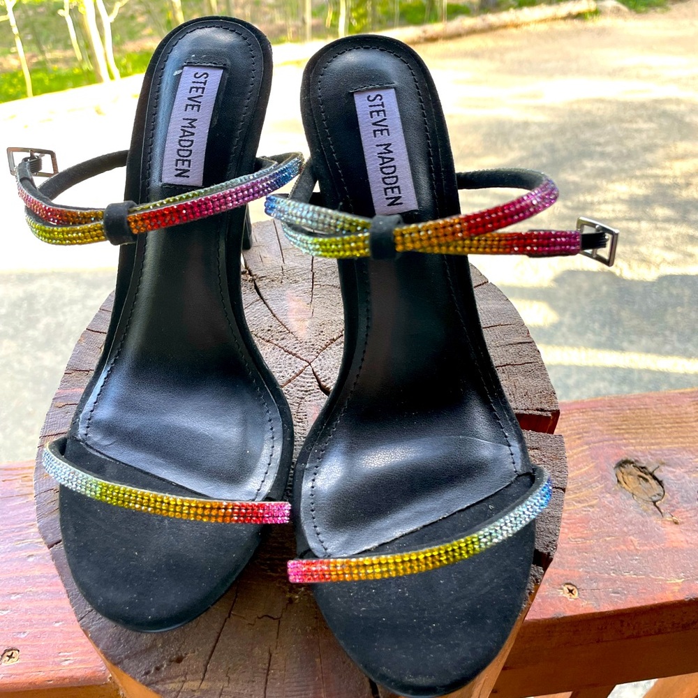 Steve Madden “Festive” rainbow rhinestone heels 7.5